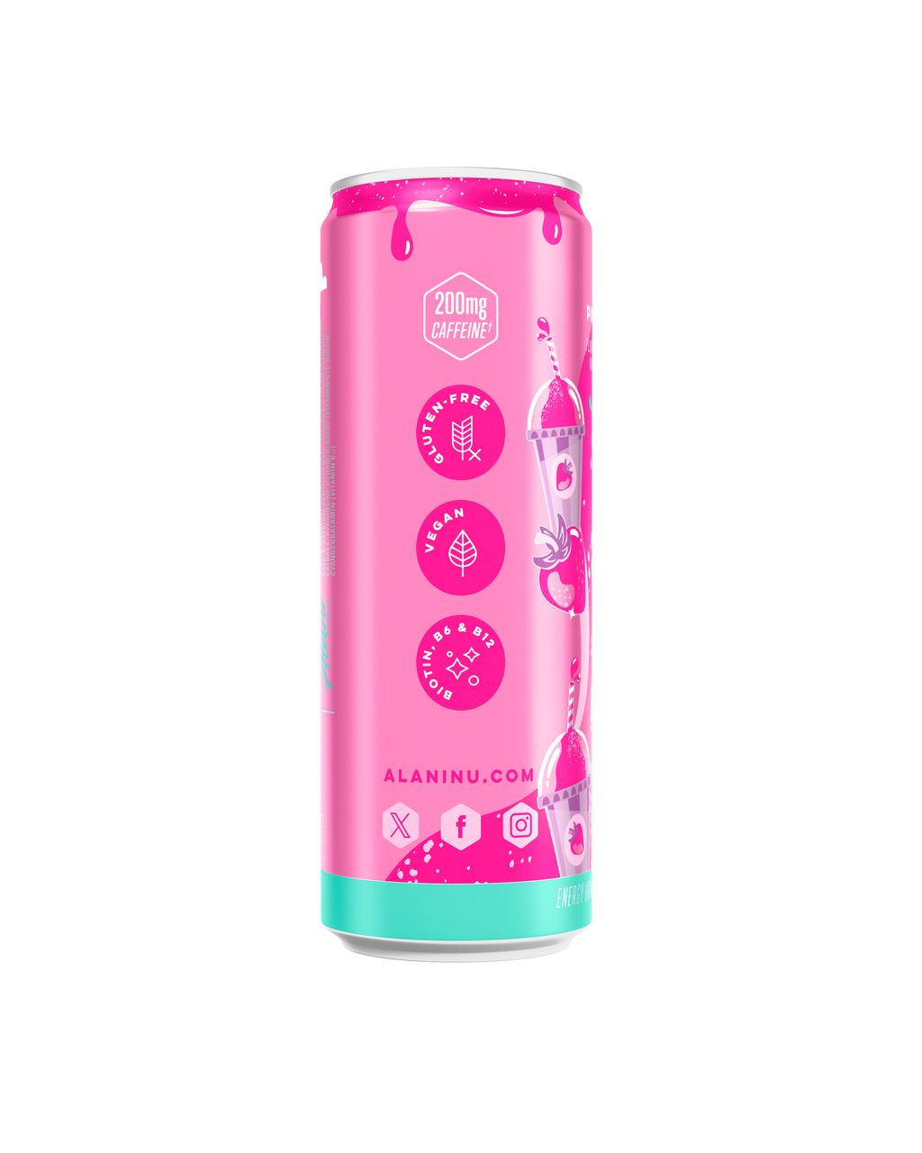The side view of an Alani Nu Pink Slush Energy Drink can showing stacked vertical badges: 200mg caffeine, gluten-free, vegan, biotin, B6 & B12. At the bottom, AlaniNu.com sits above 3 social media icons.