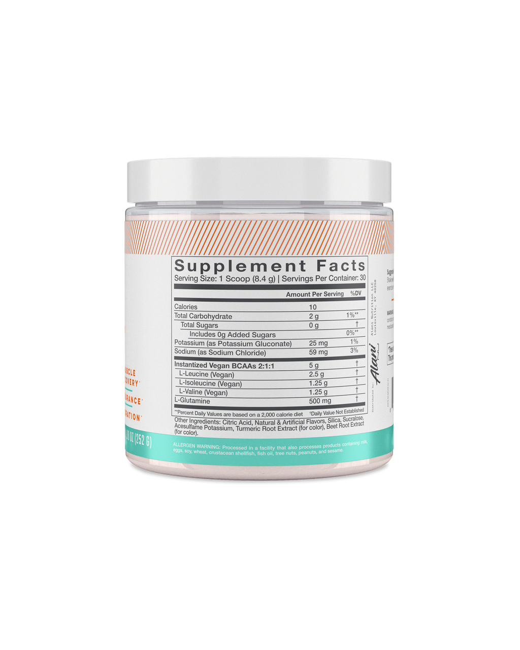 A back view of BCAA in Sour Peach Rings flavor highlighting Supplement facts.