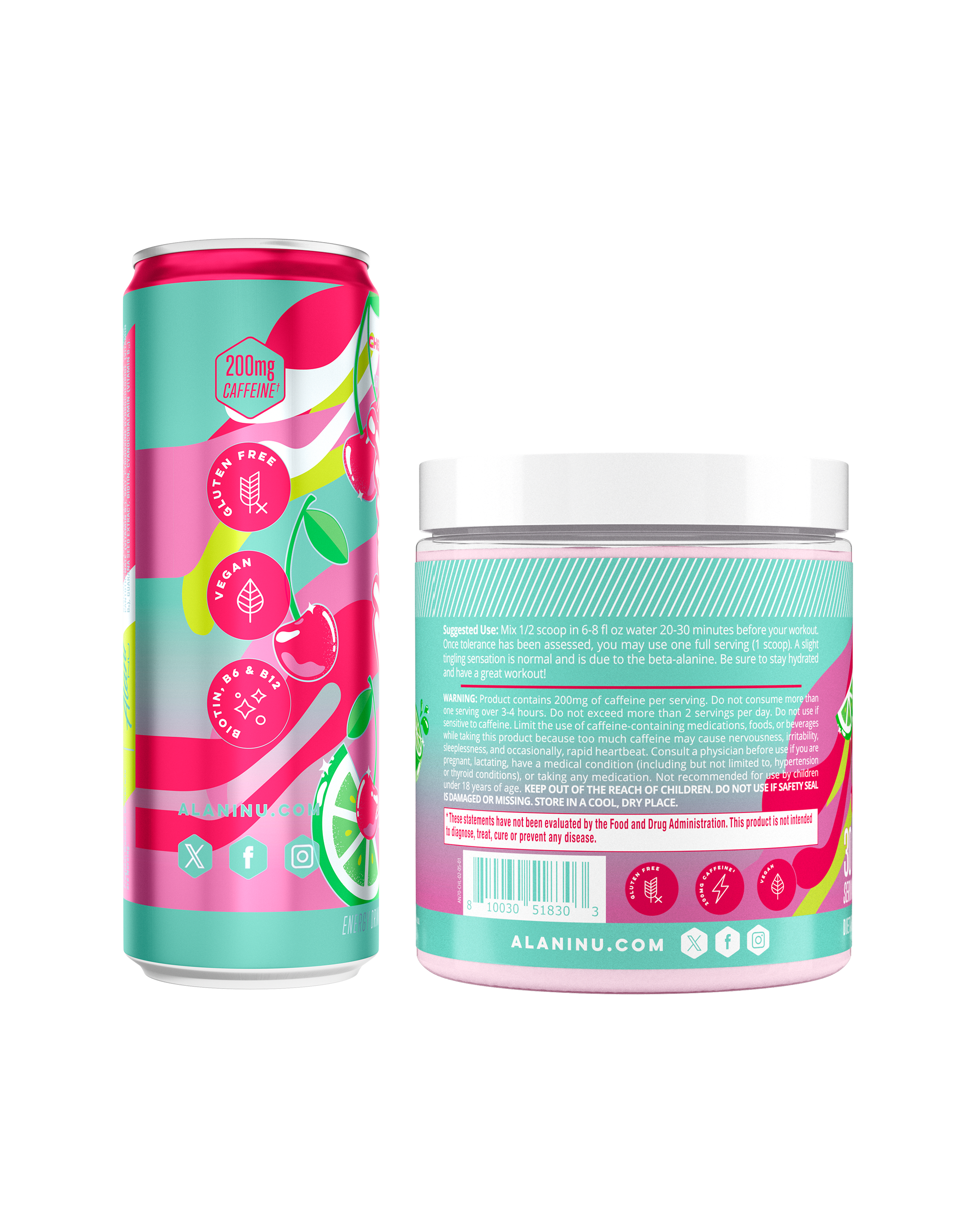 The side view of an Alani Nu Cherry Twist Energy Drink can and Pre- Workout tub