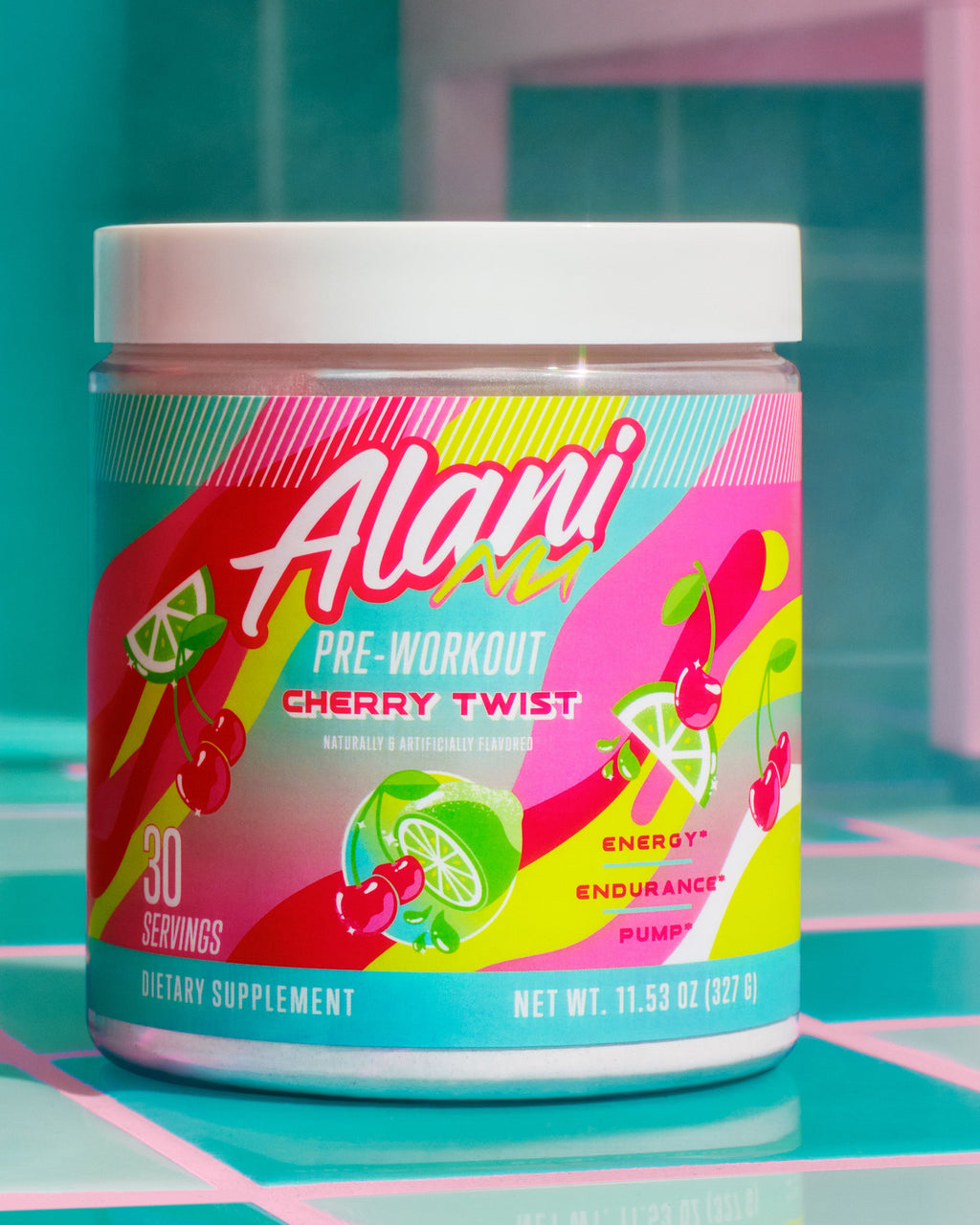 A tub of low-calorie Cherry Twist Pre-Workout placed on the tiled floor of a retro, eighties-inspired locker room.