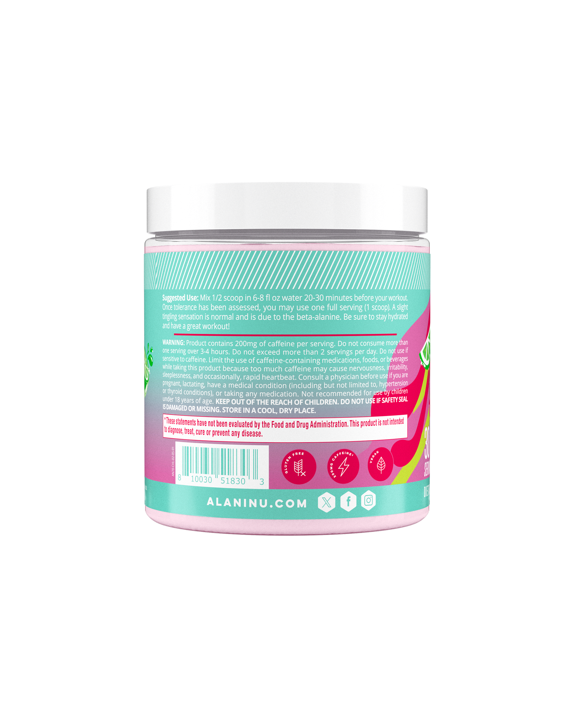 The side view of a Cherry Twist Pre-Workout tub, gluten-free, vegan, and made with 200mg of caffeine. Suggested-use directions shown.