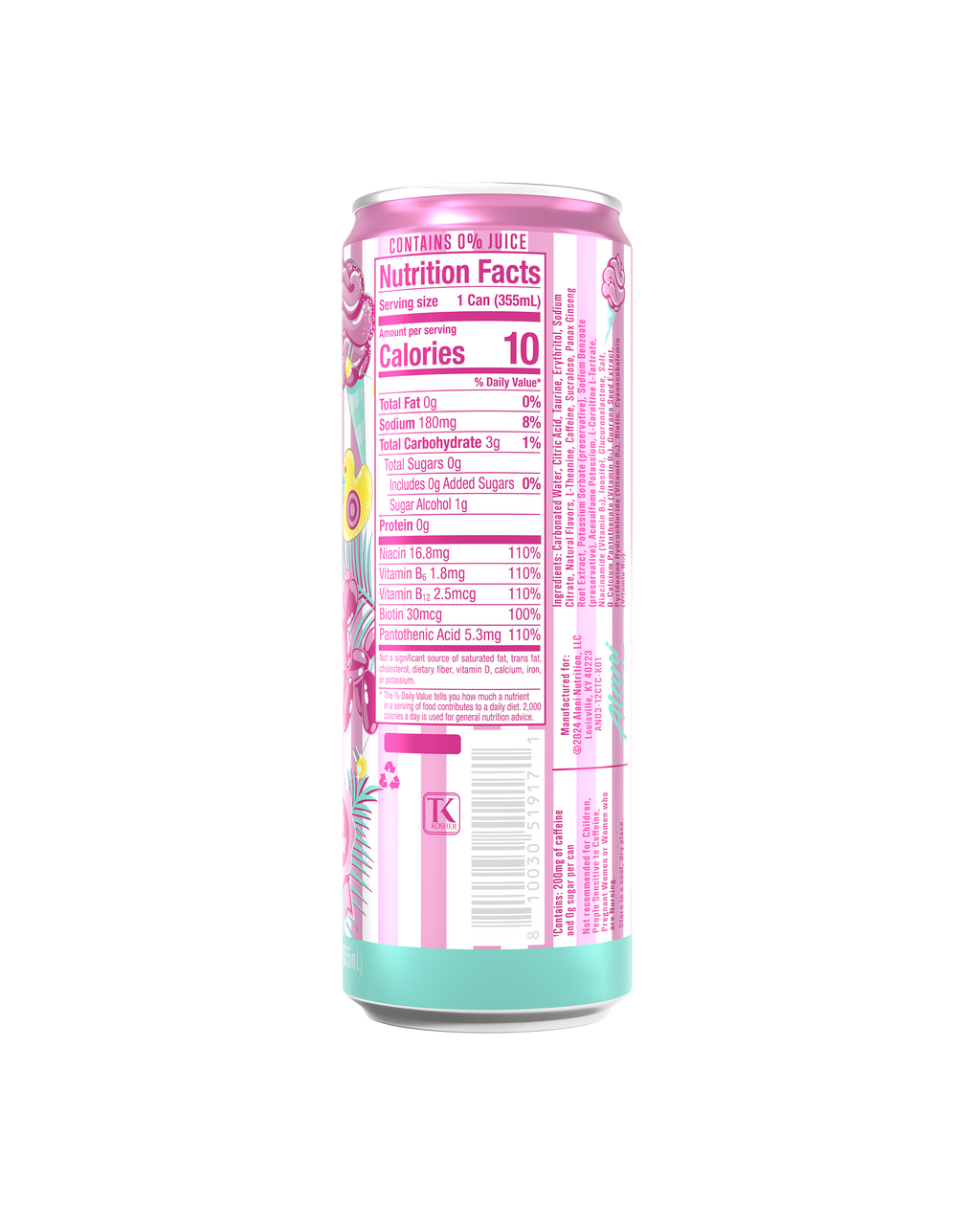 The back view of a 10-calorie Cotton Candy Energy Drink, highlighting nutrition facts and ingredients.