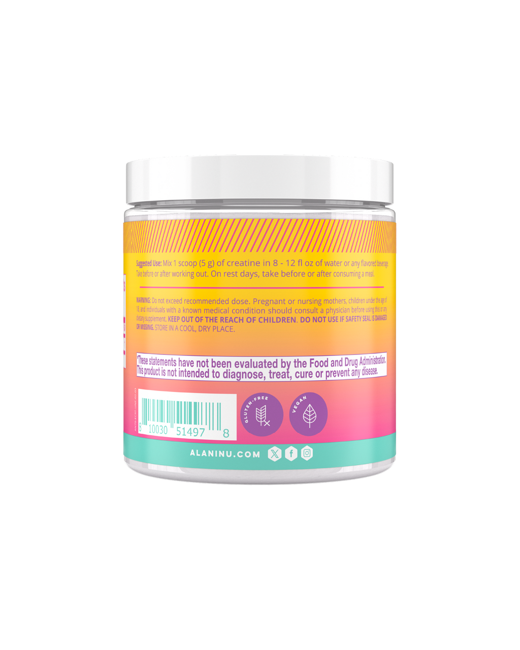 A side view of Creatine in unflavored highlighting the suggested use of product.