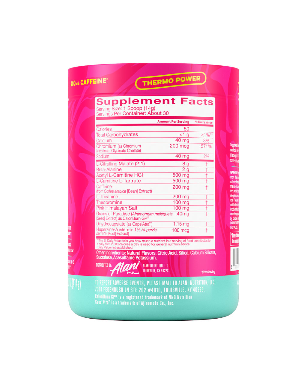 The back view of a 50-calorie, thermo-powered Dragon Fruit Rush Pre-Workout+ Burn tub, highlighting supplement facts and ingredients.*