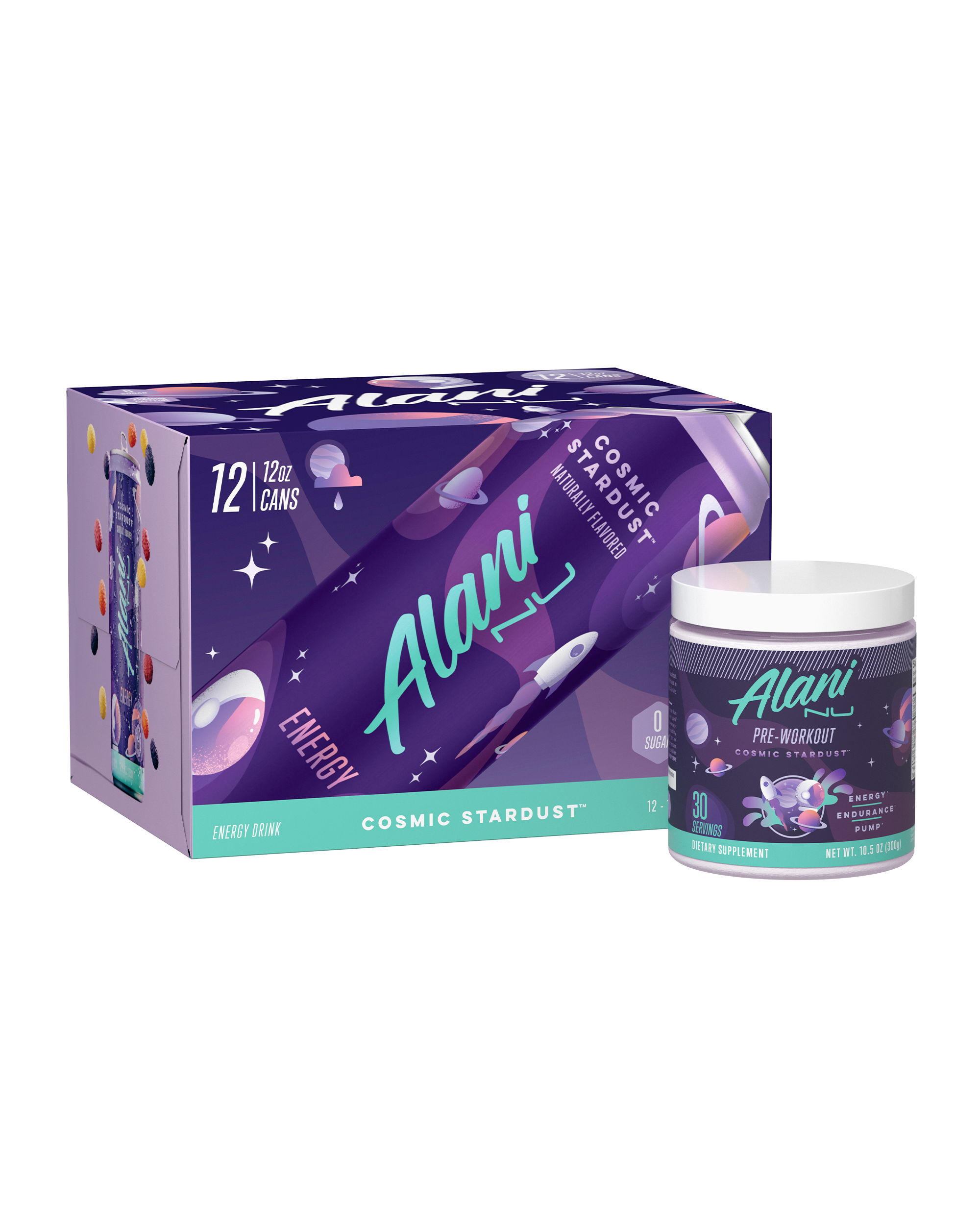 Front render of Cosmic Stardust Energy Drink and Pre-workout.