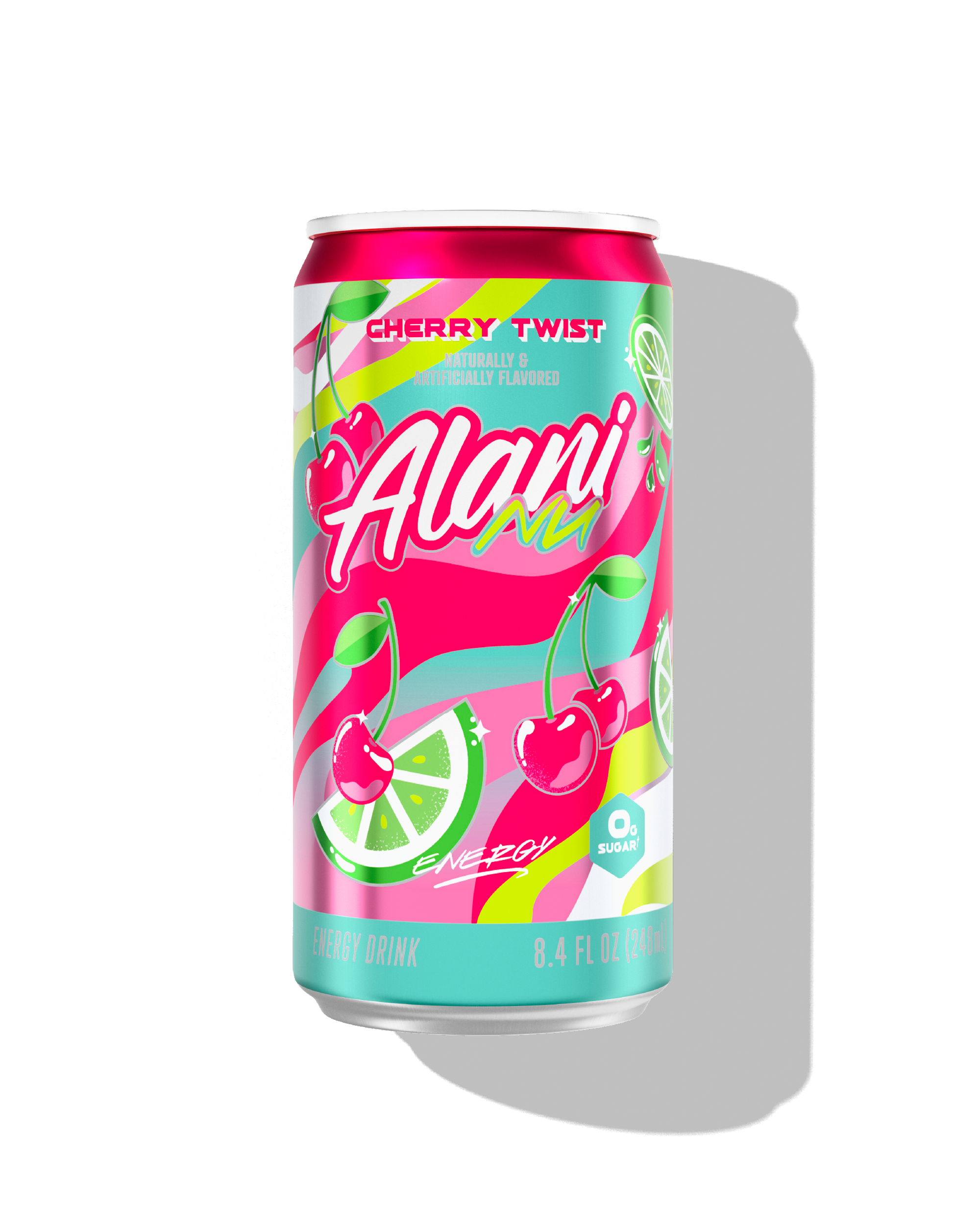 The front view of a sugar-free 8.4oz can of Cherry Twist Alani Nu Mini Energy, naturally and artificially flavored.