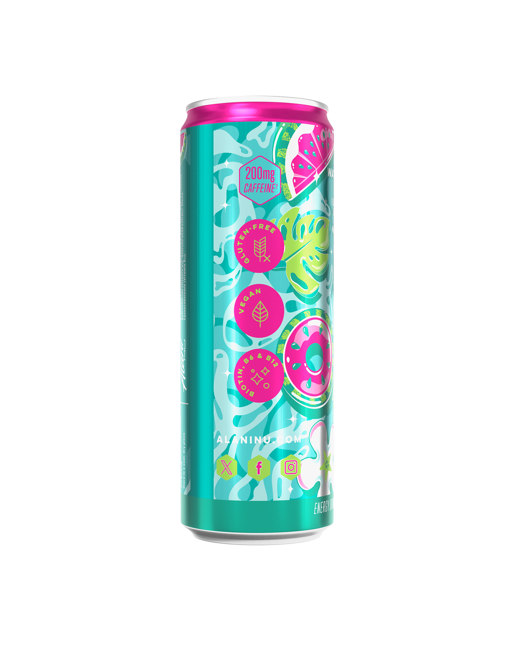 A side-facing view of a Watermelon Wave Energy Drink can with a seafoam green design, pink pool float graphics, and circular callout graphics showcasing featured functional benefits and social media handles.